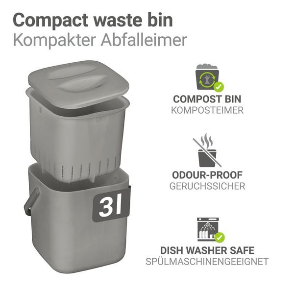 Produktbild: Abfallsammler Mod. Conny, grau, Kunststoff, 3L, 18x18x19 cm, herausnehmbares Sieb,