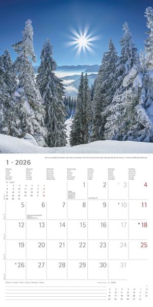 Produktbild: Alpha Edition - Alpen 2026 Broschürenkalender, 30x30cm, Wandkalender mit Platz für Notizen und Termine, Aufnahmen der Alpen, Monatsübersicht und Ferie