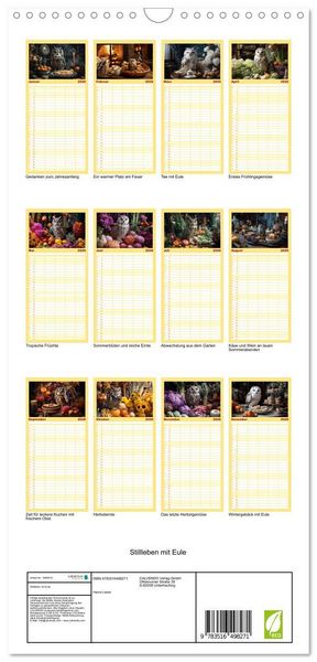 Produktbild: Familienplaner 2026 - Stillleben mit Eule mit 5 Spalten (Wandkalender, 21 x 45 cm) CALVENDO