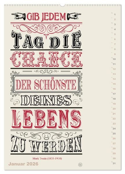Produktbild: Die sch&ouml;nsten Lebensweisheiten Typo - Kalender (hochwertiger Premium Wandkalender 2026 DIN A2 hoch), Kunstdruck in Hochglanz