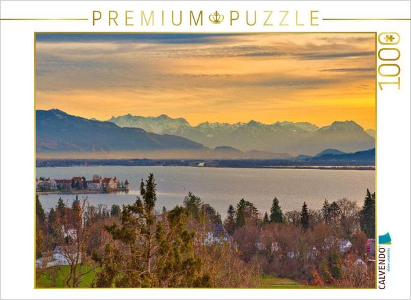 CALVENDO Puzzle Blick in die Alpen und die Insel Lindau | 1000 Teile Lege-Größe 64 × 48 cm Foto-Puzzle für glückliche Stunden