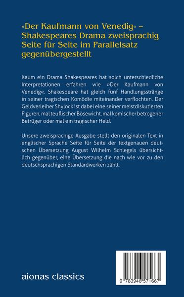 Produktbild: Der Kaufmann von Venedig. Shakespeare. Zweisprachig: Englisch-Deutsch / The Merchant of Venice