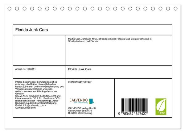 Produktbild: Florida Junk Cars (Tischkalender 2026 DIN A5 quer), CALVENDO Monatskalender