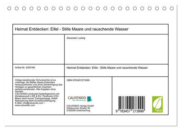 Produktbild: Heimat Entdecken: Eifel - Stille Maare und rauschende Wasser (Tischkalender 2026 DIN A5 quer), CALVENDO Monatskalender