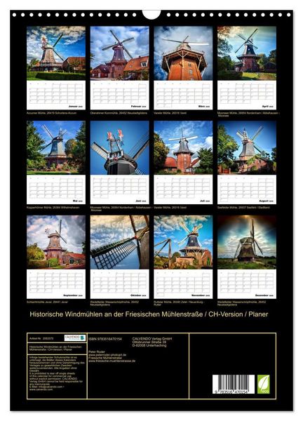 Produktbild: Historische Windm&uuml;hlen an der Friesischen M&uuml;hlenstra&szlig;e / CH-Version / Planer (Wandkalender 2026 DIN A3 hoch), CALVENDO Monatskalender