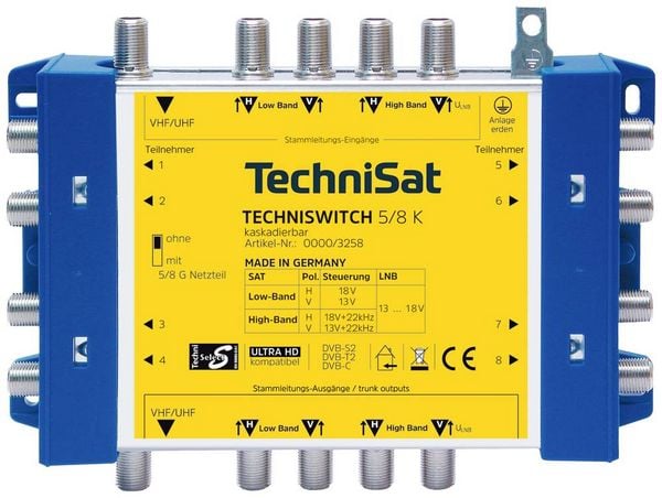 TechniSat Techniswitch 5/8 K, Kaskade SAT Multischalter Kaskade Eingänge (Multischalter): 5 (4 SAT/1 terrestrisch) Teiln