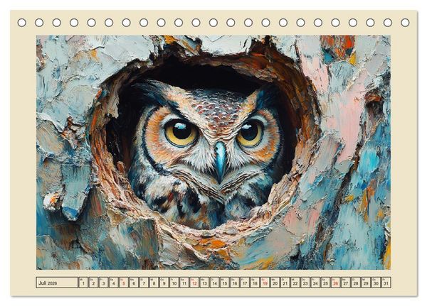 Produktbild: Bunte Eulenpoesie. Kunstvolle V&ouml;gel in &Ouml;lgem&auml;lde-Optik (Tischkalender 2026 DIN A5 quer), CALVENDO Monatskalender