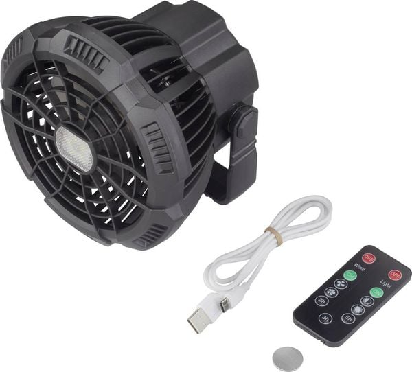 Produktbild: Rechargeable Akku-Ventilator Schwarz mit Fernbedienung, Schwenkbar, mit Beleuchtung