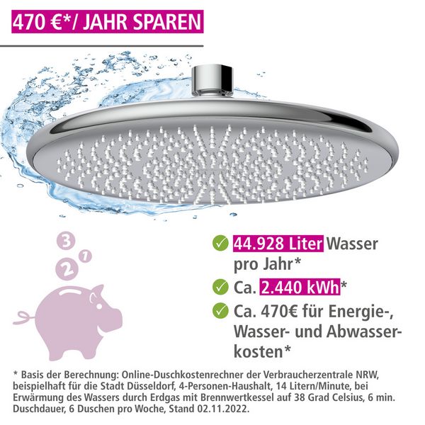 Produktbild: Regenduschkopf Watersaving &Oslash; 22,5 cm, Universal-Kopfbrause mit Wasserspar-System