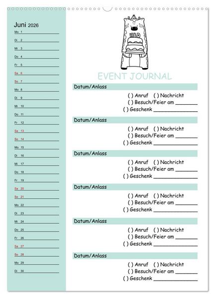 Produktbild: Geburtstagsplaner Doodle Tiere - F&uuml;r Termine, Geschenke, Eventdetails & mehr (Wandkalender 2026 DIN A2 hoch), CALVENDO Monatskalender