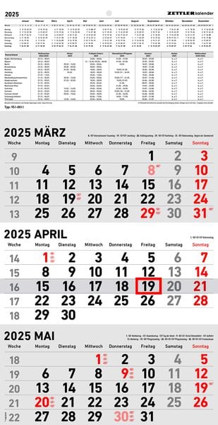 3-Monatskalender 2025 - 23,7x44,8 schwarz/rot - mit Motiv