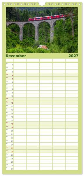 Produktbild: Familienplaner 2027 - Die Rh&auml;tische Bahn - Ein Kurztrip in die Schweiz mit 5 Spalten (Wandkalender, 21 x 45 cm) CALVENDO