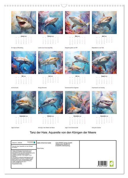 Produktbild: Tanz der Haie. Aquarelle von den K&ouml;nigen der Meere (Wandkalender 2026 DIN A2 hoch), CALVENDO Monatskalender