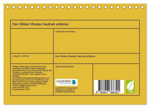 Produktbild: Den Wilden Westen hautnah erfahren (Tischkalender 2026 DIN A5 quer), CALVENDO Monatskalender