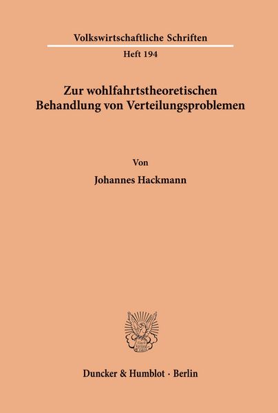 Produktbild: Zur wohlfahrtstheoretischen Behandlung von Verteilungsproblemen.