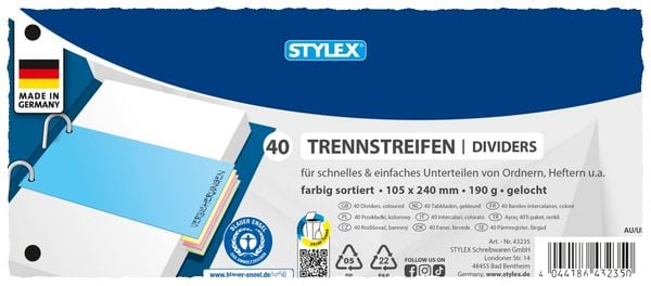 Produktbild: Stylex Trennstreifen, farbig, 40 St&uuml;ck, 190 g/m&sup2;
