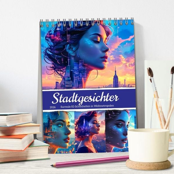 Produktbild: Stadtgesichter - Surreale KI-Sch&ouml;nheiten in Weltmetropolen (Tischkalender 2026 DIN A5 hoch), CALVENDO Monatskalender