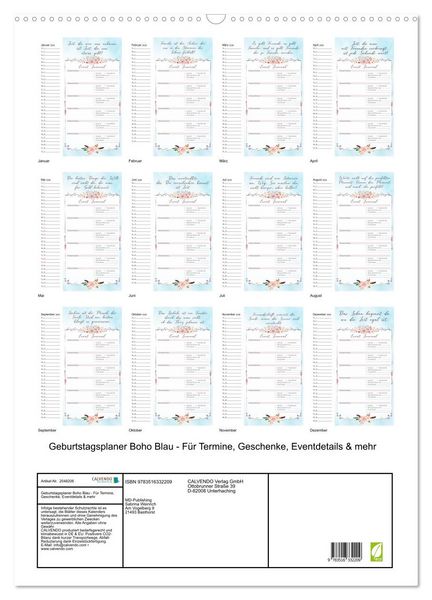 Produktbild: Geburtstagsplaner Boho Blau - F&uuml;r Termine, Geschenke, Eventdetails & mehr (Wandkalender 2026 DIN A2 hoch), CALVENDO Monatskalender