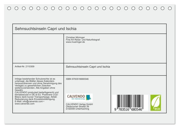 Produktbild: Sehnsuchtsinseln Capri und Ischia (Tischkalender 2026 DIN A5 quer), CALVENDO Monatskalender