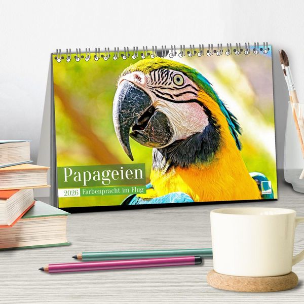 Produktbild: Papageien: Farbenpracht im Flug (Tischkalender 2026 DIN A5 quer), CALVENDO Monatskalender