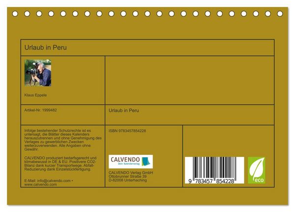 Produktbild: Urlaub in Peru (Tischkalender 2026 DIN A5 quer), CALVENDO Monatskalender