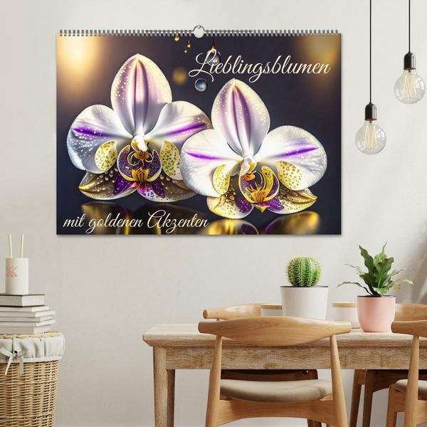 Produktbild: Lieblingsblumen mit goldenen Akzenten (Wandkalender 2026 DIN A2 quer), CALVENDO Monatskalender