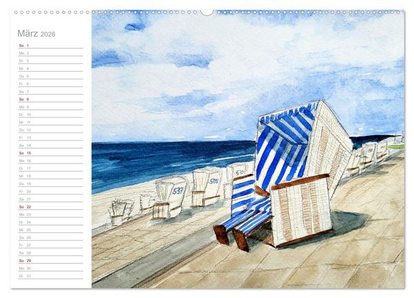 Produktbild: B&uuml;sum Aquarelle - Liebevolle Impressionen des beliebten Nordseebads (hochwertiger Premium Wandkalender 2026 DIN A2 quer), Kunstdruck in Hochglanz