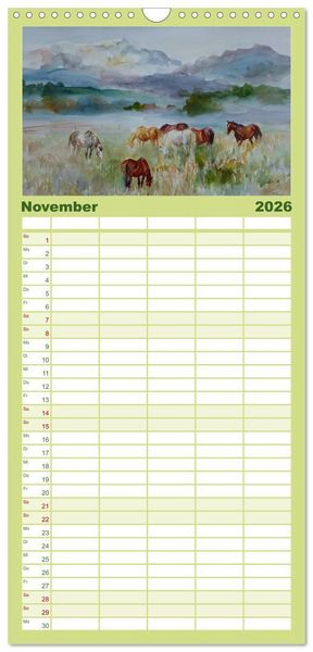 Produktbild: Familienplaner 2026 - Mit Pferden durch die Jahreszeiten - Pferdebilder in &Ouml;l und Aquarell mit 5 Spalten (Wandkalender, 21 x 45 cm) CALVENDO