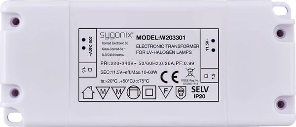 Produktbild: Sygonix SY-6313016 Halogen Transformator 11.5 V/AC 10 - 60W