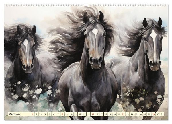 Produktbild: Pferde. Romantische Aquarelle von schwarzen Sch&ouml;nheiten (hochwertiger Premium Wandkalender 2026 DIN A2 quer), Kunstdruck in Hochglanz