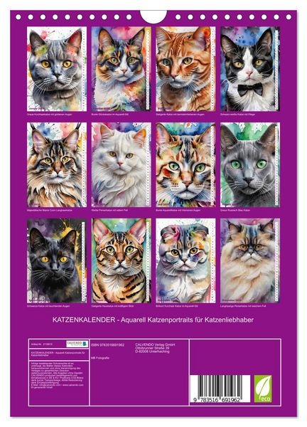 Produktbild: KATZENKALENDER - Aquarell Katzenportraits f&uuml;r Katzenliebhaber (Wandkalender 2026 DIN A4 hoch), CALVENDO Monatskalender