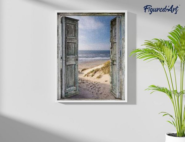 Produktbild: FiguredArt DP-768 - Diamond Painting, Tor zum Strand, 5D Bild (40x50cm) mit eckigen Steinen, DIY Bastelset