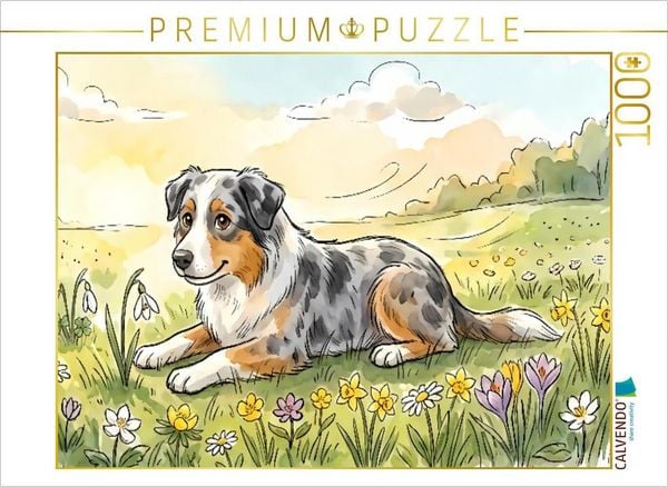 CALVENDO Puzzle Hund liegt auf einer bunten Wiese | 1000 Teile Lege-Größe 64 × 48 cm Foto-Puzzle für glückliche Stunden