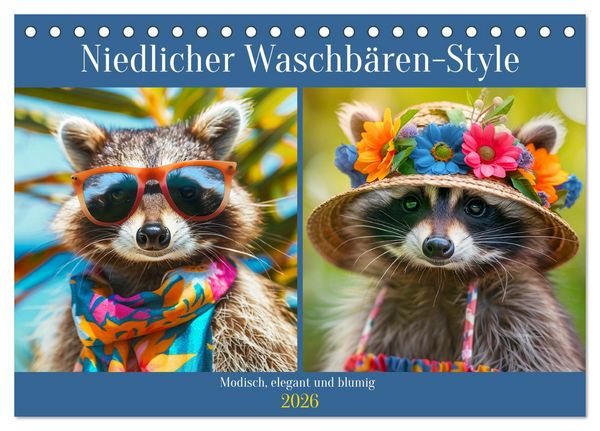 Produktbild: Niedlicher Waschb&auml;ren-Style. Modisch, elegant und blumig (Tischkalender 2026 DIN A5 quer), CALVENDO Monatskalender