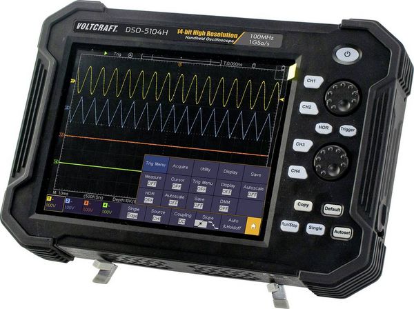 Produktbild: VOLTCRAFT DSO-5104H Hand-Oszilloskop 100 MHz 4-Kanal 1 GSa/s 40 Mpts 14 Bit Digital-Speicher (DSO), Handger&auml;t 1 St.