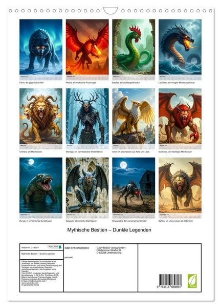 Produktbild: Mythische Bestien &ndash; Dunkle Legenden (Wandkalender 2026 DIN A3 hoch), CALVENDO Monatskalender