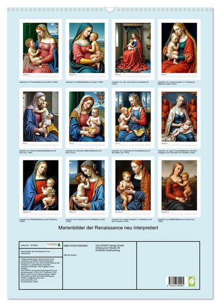 Produktbild: Marienbilder der Renaissance neu interpretiert (Wandkalender 2026 DIN A2 hoch), CALVENDO Monatskalender