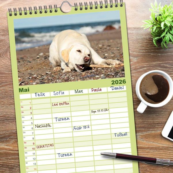 Produktbild: Familienplaner 2026 - Labrador Retriever 2026 mit 5 Spalten (Wandkalender, 21 x 45 cm) CALVENDO
