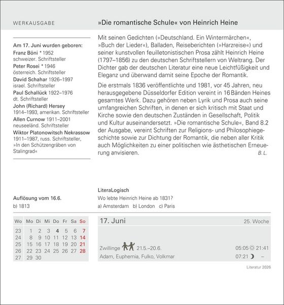Produktbild: Literatur Tagesabrei&szlig;kalender 2026 - Kulturkalender - Autoren, Werke, H&ouml;rb&uuml;cher