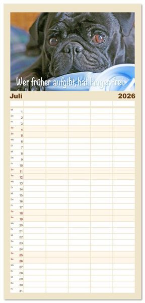 Produktbild: Familienplaner 2026 - Mopsala: Vom Gl&uuml;ck, ein Mops zu sein mit 5 Spalten (Wandkalender, 21 x 45 cm) CALVENDO