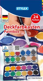 Produktbild: Stylex Deckfarbkasten 24 Farben mit 1 Tube Deckweiß und 6 integrierte runde Mischfelder