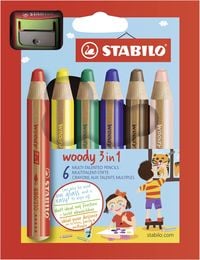 Produktbild: STABILO Buntstift, Wasserfarbe & Wachsmalkreide -  woody 3 in 1 - 6er Pack mit Spitzer - mit 6 verschiedenen Farben