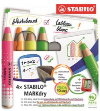 Produktbild: STABILO Marker Whiteboard- und Flipchartmarker MARKdry, 4er Set mit Spitzer und Abwischtuch, Neonfarben