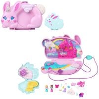 Produktbild: Polly Pocket 2-in-1-Bunny Fun Schatulle, tragbares Taschen-Spielset mit 2 Puppen und 12 Zubehörteilen inklusive Tieren