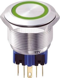 Produktbild: TRU COMPONENTS 701946 GQ25-11E/G/12V Vandalismusgesch&uuml;tzter Drucktaster 250 V/AC 5 A 1 x Ein/(Ein) tastend Gr&uuml;n IP65 1 St.