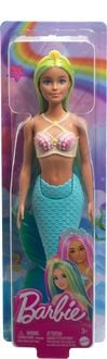 Produktbild: Barbie Meerjungfrau-Puppe mit blauen und gelben Strähnchen, türkisfarbener Schwanzflosse und Haarband