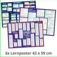 Produktbild: mindmemo Lernposter 3er Set - Englisch ZEITEN + WORTARTEN + GRUNDWORTSCHATZ lernen Grammatik verst&auml;ndlich erkl&auml;rt Grundwissen Lernhilfe Zusammenfassung 3x Lern&uuml;bersicht DIN A2