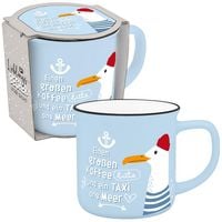 Produktbild: Becher in Emmailoptik "Einen gro&szlig;en Kaffee bitte und ein Taxi zum Meer"