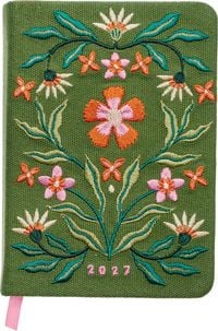 Produktbild: Taschenkalender A6 2027: Bl&uuml;tenmotiv, bestickt, gr&uuml;n