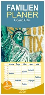 Produktbild: Familienplaner 2026 - Comic City mit 5 Spalten (Wandkalender, 21 x 45 cm) CALVENDO